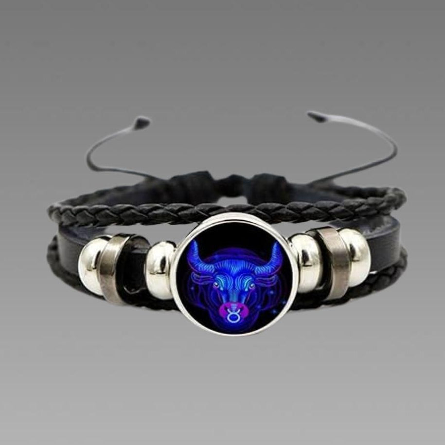 Zodiac Constellation Braided Design Black Leather Bracelet Adjustable