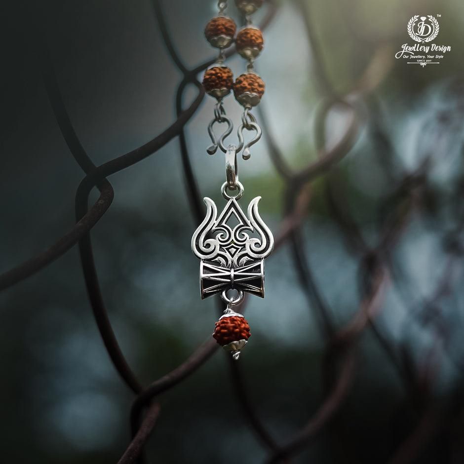 Trishul Damru Rudraksha Pendant Mala – Silver Oxidised